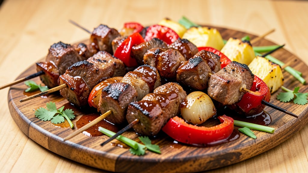 BBQ Beef Kabobs Recipe: Charred Crust and Juicy Centers on Skewers