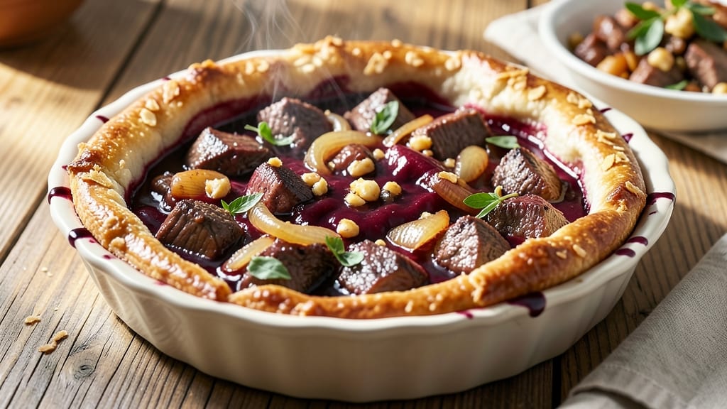 Beef and Burgundy Pie Recipe: Flaky Crust Encloses Rich Wine-Braised Beef