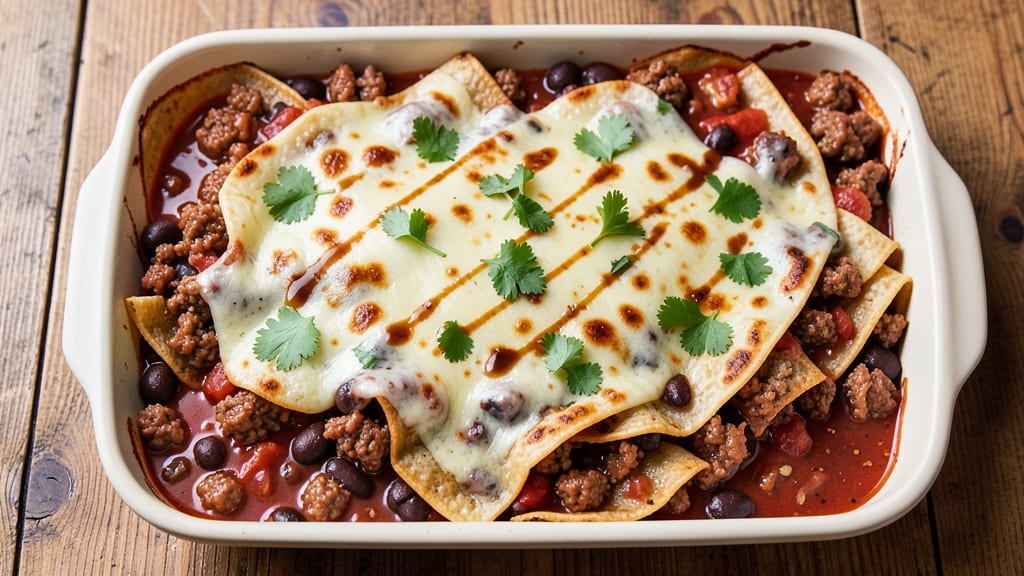 Beef and Black Bean Enchilada Casserole Recipe: Cheesy Tortilla Layers With Spiced Tomato Filling