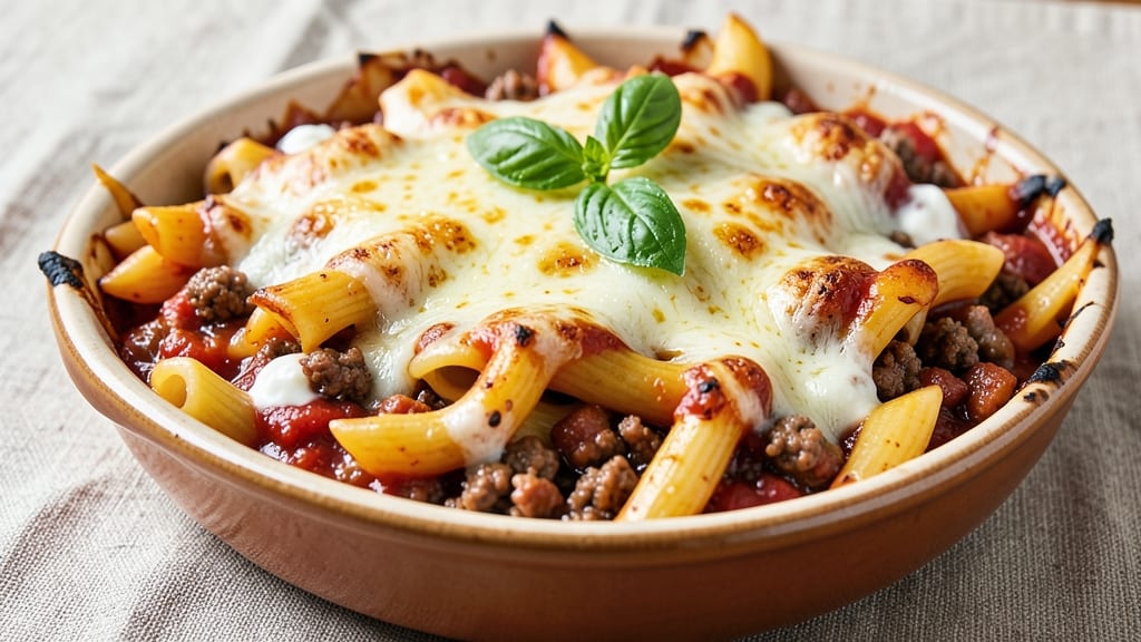 Baked Ziti Recipe with Ground Beef and Sausage: Cheesy Crispy Top, Meat-Packed Layers