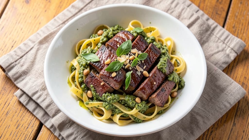 Beef Basil Pesto Pasta Recipe: Crispy Beef and Herb-Packed Noodles