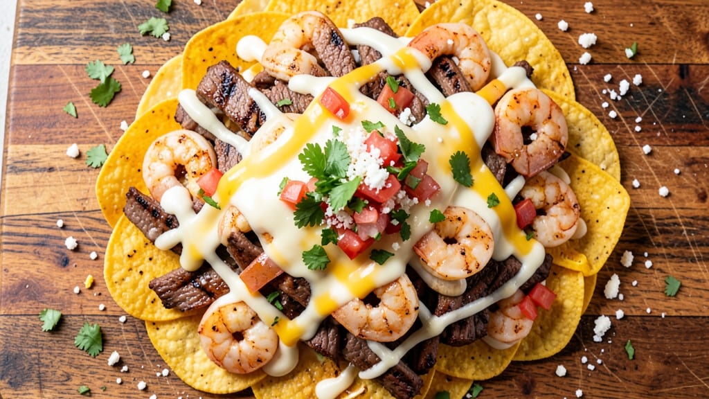 Beef and Shrimp Nachos Recipe: Crispy Tortilla Stacks With Melty Cheese Rivers