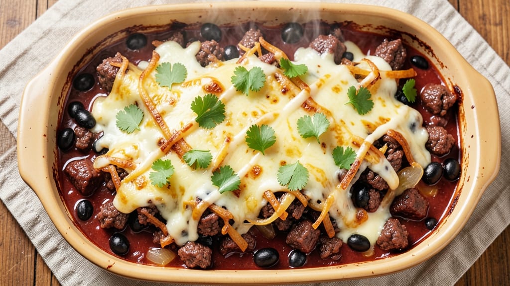 Beef and Black Bean Casserole Recipe: Crispy Top, Melty Cheese Rivers