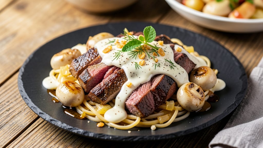 Basic Beef Stroganoff Recipe With Sour Cream: Velvety Mushroom Wine Sauce Over Egg Noodles