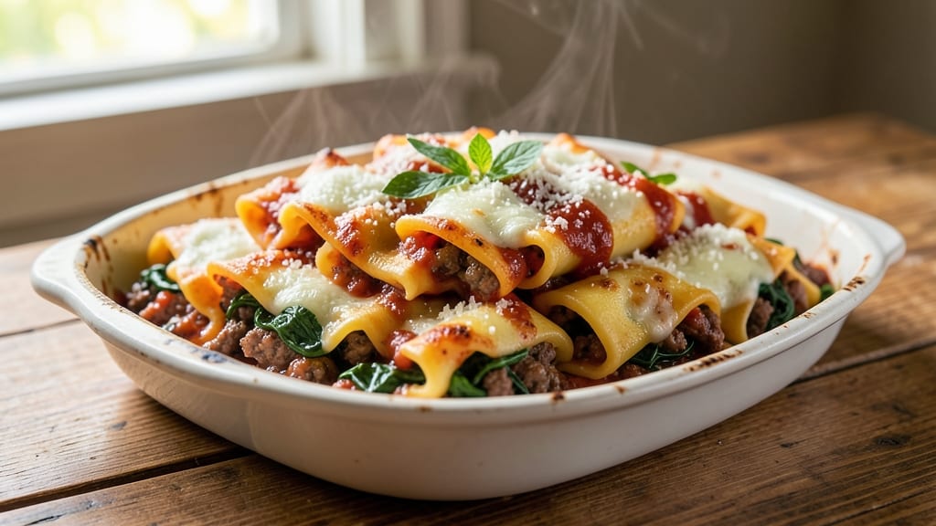 Beef and Spinach Manicotti Recipe: Cheesy Layers With Silky Green Sauce