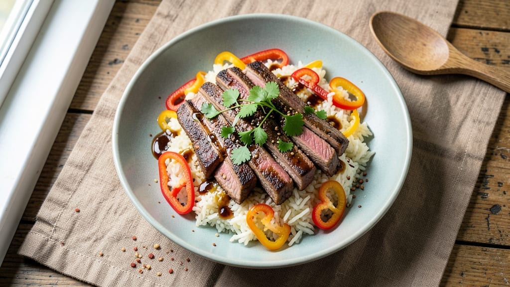 Beef and Pepper Rice Bowl With Hoisin Sauce Recipe: Wok-Fired Crunch and Silky Gloss Balance