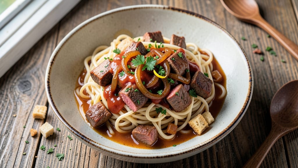 Beef and Noodles Recipe with French Onion Soup: Deep Caramelized Onion Crust Over Tender Beef
