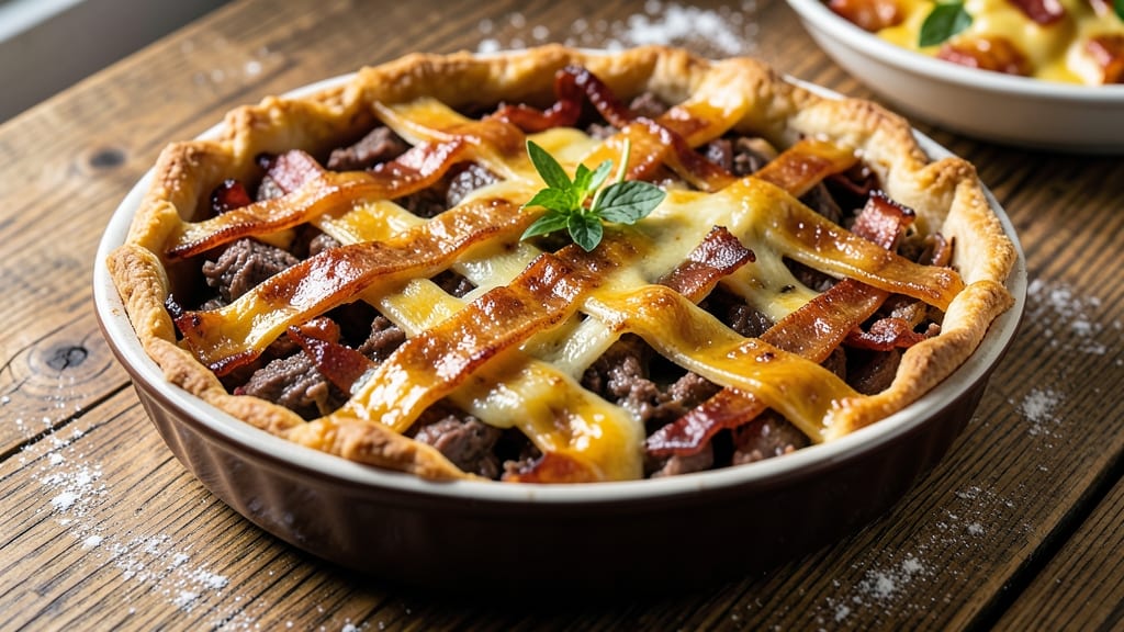 Beef Bacon and Cheese Pie Recipe: Flaky Crust Cradles Savory Cheese Rivers